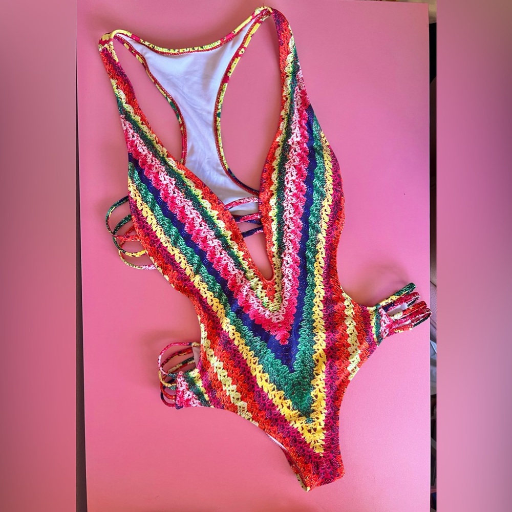 Rainbow Faux Crochet One Piece Swimsuit - Picture 12 of 13